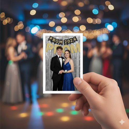 Wydruk zdjęcia trzymany w ręce, w tle impreza studniówkowa.